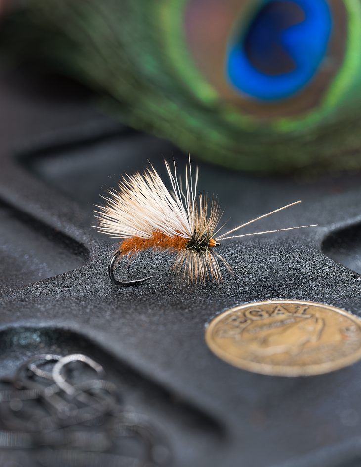 October Caddis dry fly tied on a Firehole Sticks 718 by Freddy Block